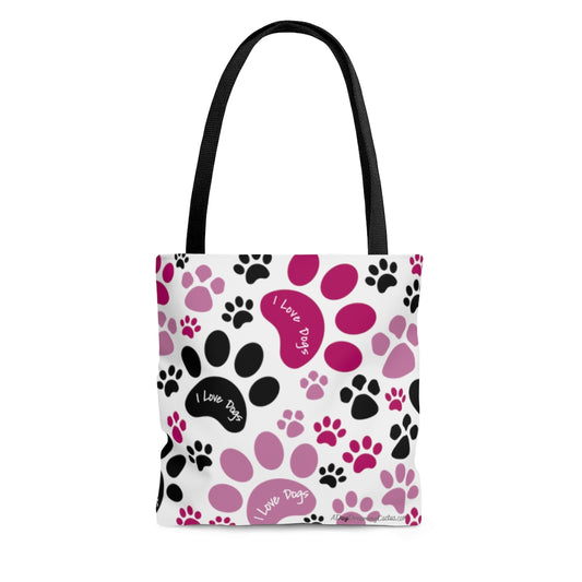 Pink Pawprint I Love Dogs Tote Bag - Travel Grocery Carry-on - 3 Sizes Available