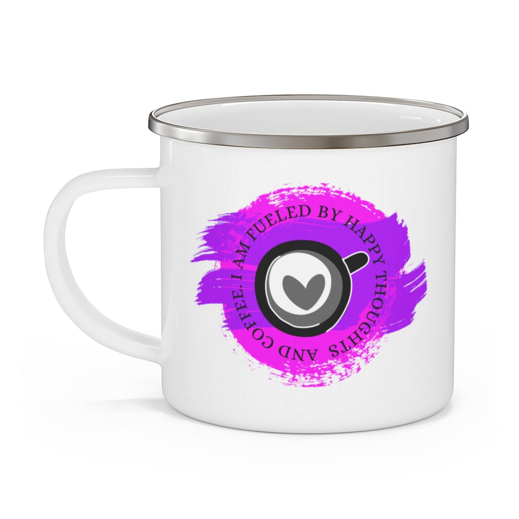 I Am Fueled By Happy Thoughts & Coffee ~ Lightweight Stainless Steel 12oz Enamel Camping Mug ~ Pink & Lavender