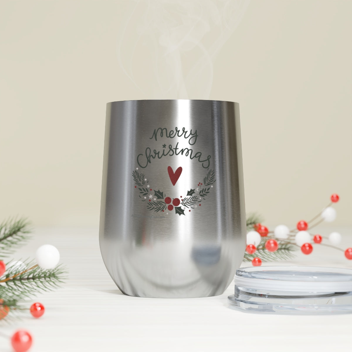 Merry Christmas Heart and Greenery White or Silver 12oz Insulated Wine Tumbler - Cup Mug Drinkware