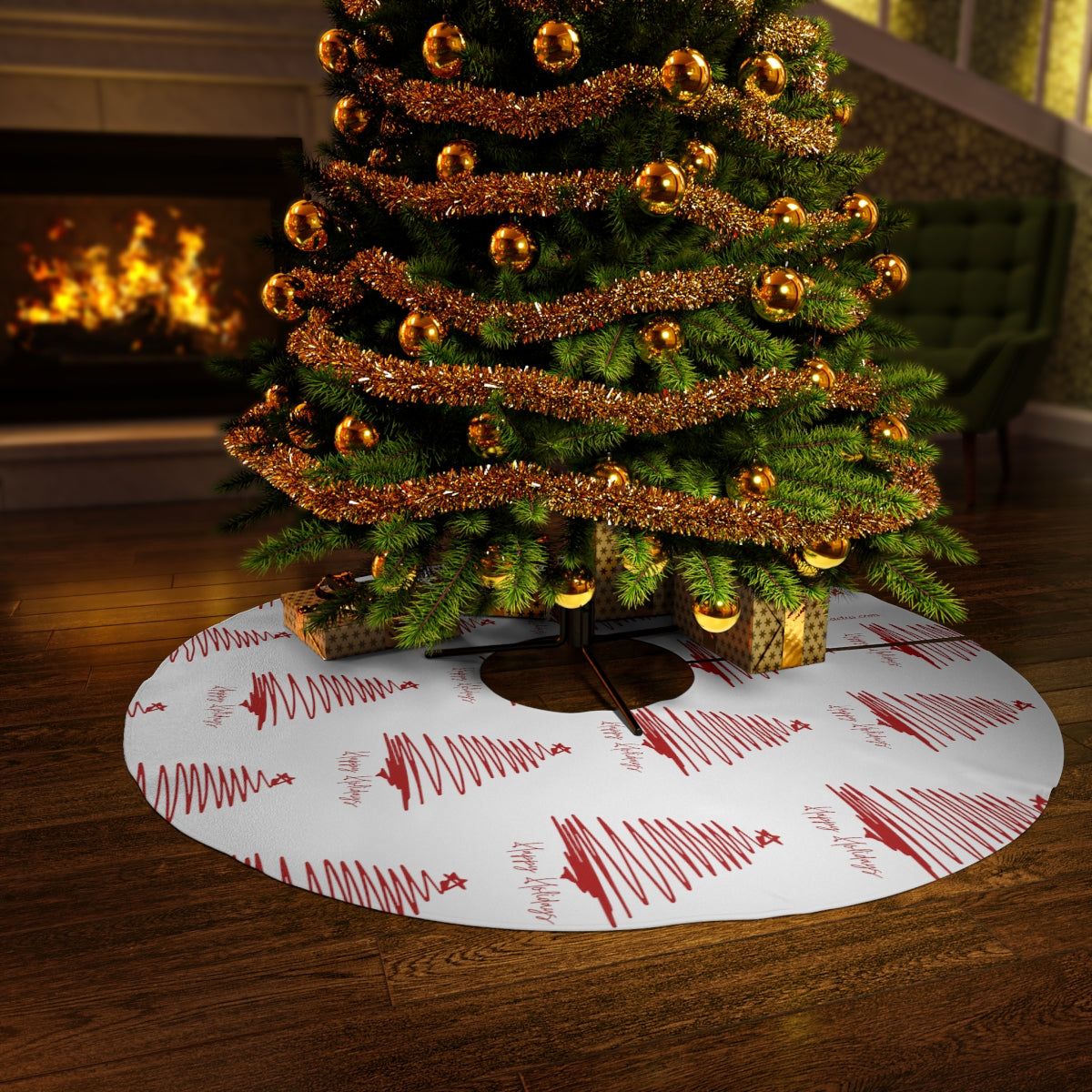 Red Happy Holidays Scribble Tree ~ Christmas Holiday Round Tree Skirt