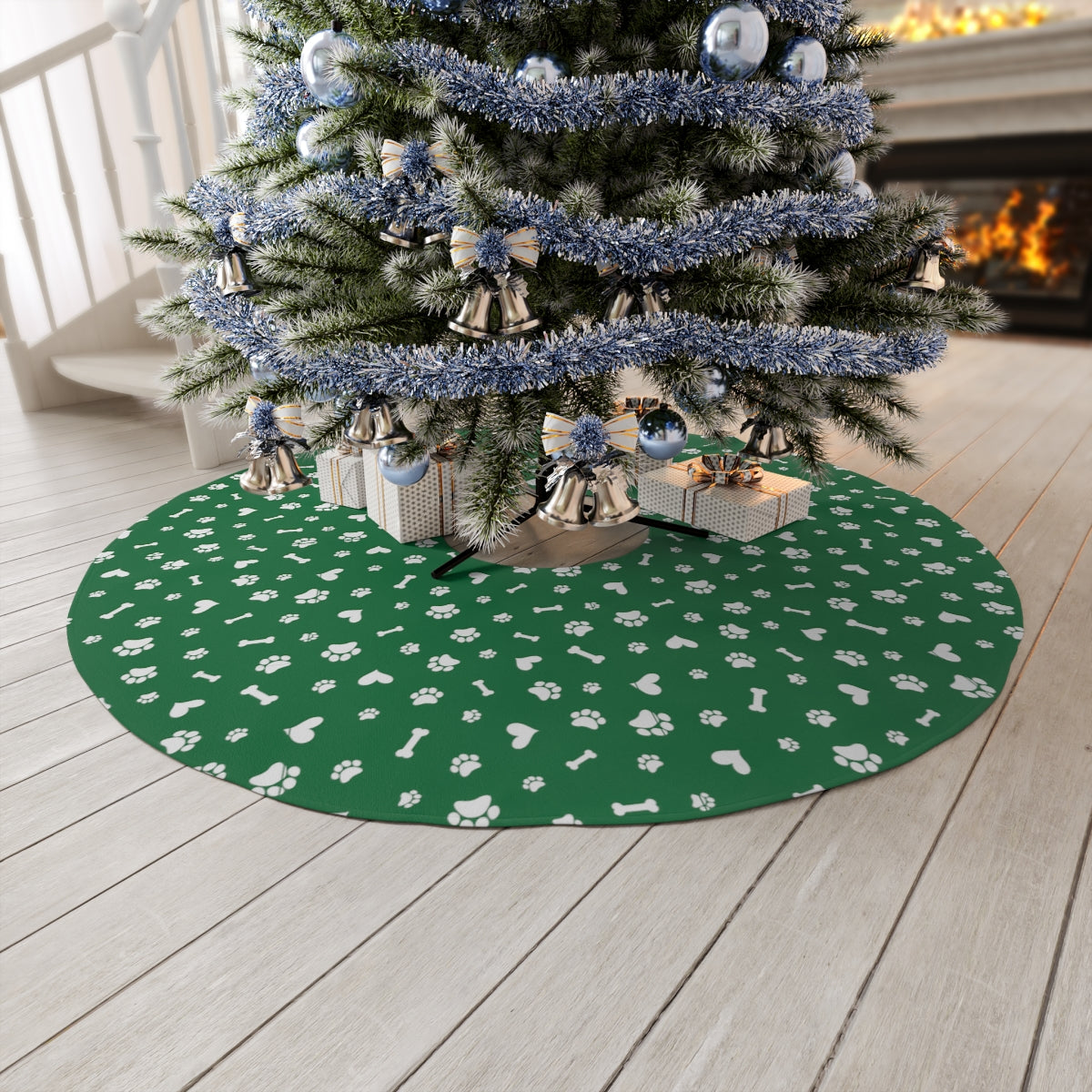 Green White Pawprints, Hearts and Bones ~ Christmas Holiday Round Tree Skirt