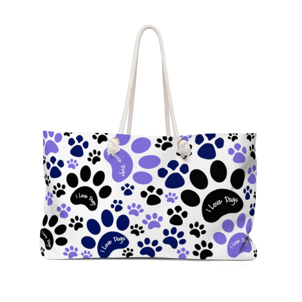 I Love Dogs Blue and Purple Pawprints Weekender Beach Bag - Travel Tote