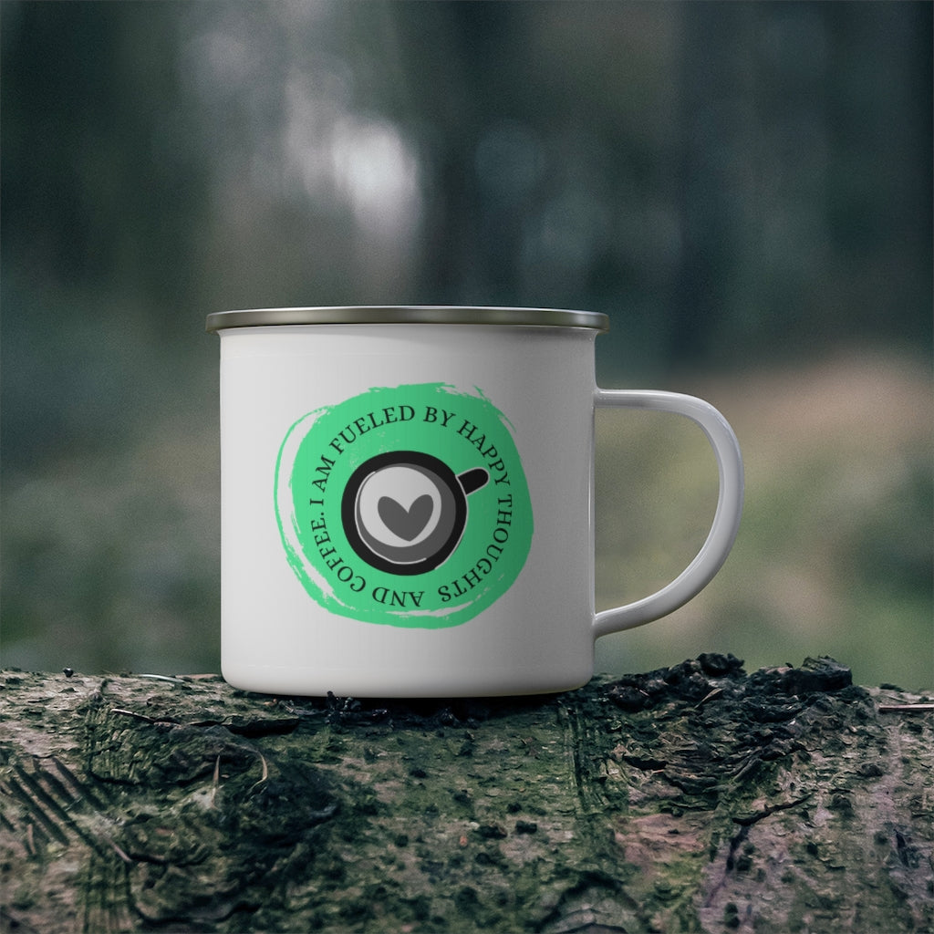 I Am Fueled By Happy Thoughts & Coffee ~ Lightweight Stainless Steel 12oz Enamel Camping Mug ~ Lime