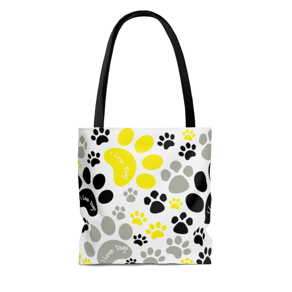 Yellow Pawprint I Love Dogs Tote Bag - Grocery Travel Carry-on - 3 sizes