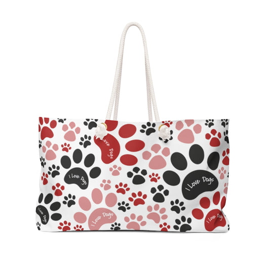 I Love Dogs Red Pawprints Weekend Beach Bag - Travel Tote